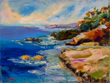Painting titled "Sunny Beach Italy" by Oleg Sharapanovsky, Original Artwork, Oil Mounted on Wood Stretcher frame