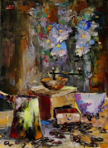 Painting titled "Coffee time. Still…" by Oleg Sharapanovsky, Original Artwork, Oil Mounted on Wood Stretcher frame