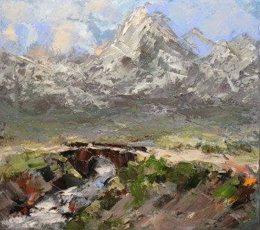 Painting titled "Road to the mountai…" by Oleg Sharapanovsky, Original Artwork, Oil Mounted on Wood Stretcher frame