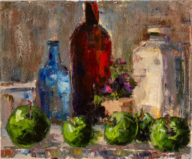 Painting titled "Glass. Bottles. App…" by Oleg Sharapanovsky, Original Artwork, Oil Mounted on Wood Stretcher frame