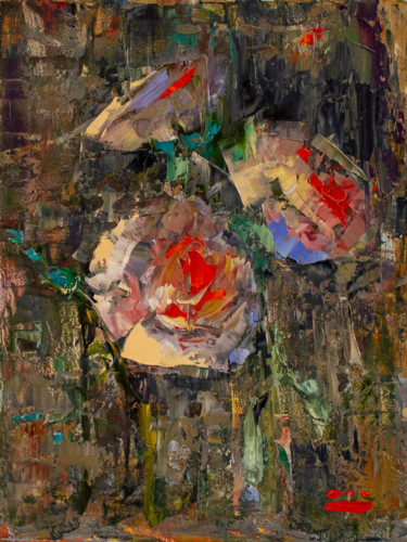 Painting titled "Roses. Abstraction" by Oleg Sharapanovsky, Original Artwork, Oil Mounted on Wood Stretcher frame