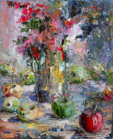 Painting titled "Summer mood. Apples…" by Oleg Sharapanovsky, Original Artwork, Oil Mounted on Wood Stretcher frame