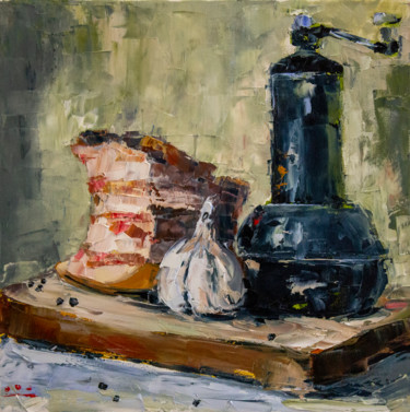 Painting titled "Kitchen still life.…" by Oleg Sharapanovsky, Original Artwork, Oil Mounted on Wood Stretcher frame