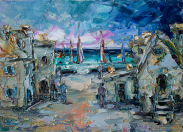 Seascape. Fishing village. Sailboats at sea. Handmade, textu Painting titled "Seascape. Fishing v…" by Oleg Sharapanovsky, Original Art, Oil Mounted on Stretcher frame