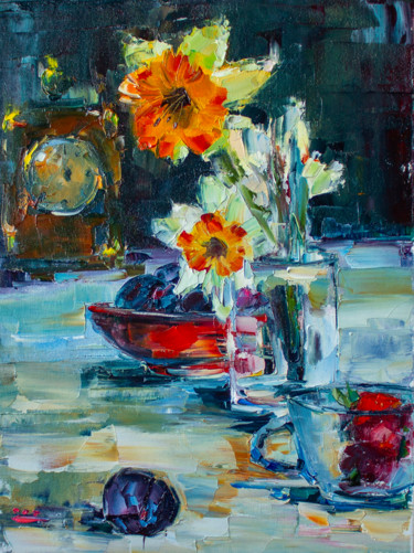 Painting titled "Floral and fruity s…" by Oleg Sharapanovsky, Original Artwork, Oil Mounted on Wood Stretcher frame