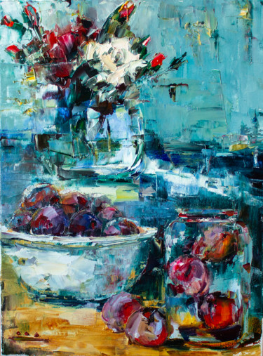 Painting titled "Floral and fruity s…" by Oleg Sharapanovsky, Original Artwork, Oil Mounted on Wood Stretcher frame