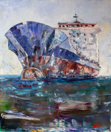 Schilderij getiteld "Seascape. Large mer…" door Oleg Sharapanovsky, Origineel Kunstwerk, Olie Gemonteerd op Frame voor houte…