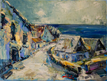 Rural landscape. Road to the ocean. Cold time.Native village Peinture intitulée "Rural landscape. Ro…" par Oleg Sharapanovsky, Œuvre d'art originale, Huile Monté sur Châssis