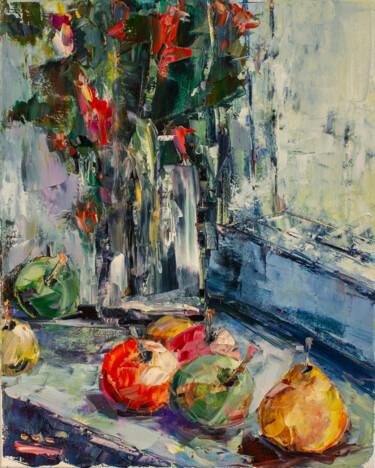 Painting titled "Still life on the w…" by Oleg Sharapanovsky, Original Artwork, Oil Mounted on Wood Stretcher frame