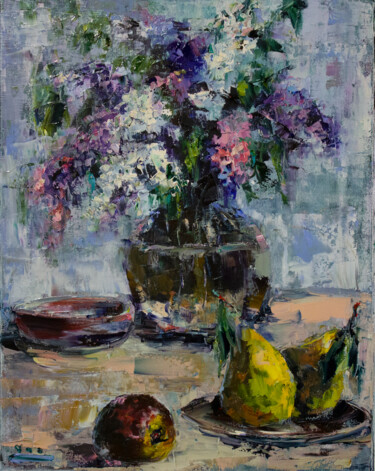 Painting titled "Lilacs and Pears in…" by Oleg Sharapanovsky, Original Artwork, Oil Mounted on Wood Stretcher frame