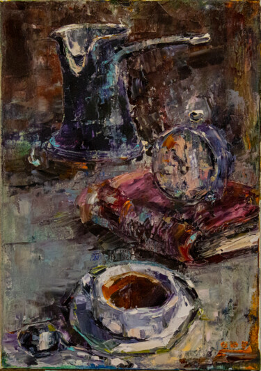 Painting titled "Coffee Break: The A…" by Oleg Sharapanovsky, Original Artwork, Oil Mounted on Wood Stretcher frame