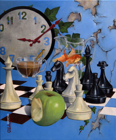 Painting titled "Chess game after br…" by Oleg Shovkunenko (OLEG SHOVK), Original Artwork, Oil Mounted on artwork_cat.