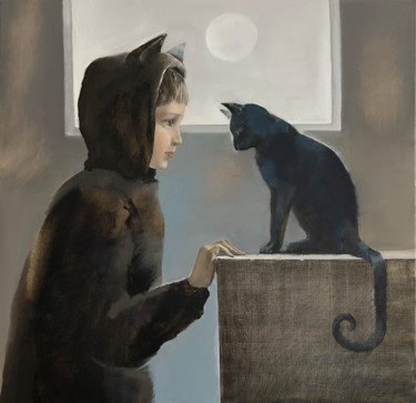 Pintura intitulada "луна и коты" por Oleg Tchoubakov, Obras de arte originais, Óleo
