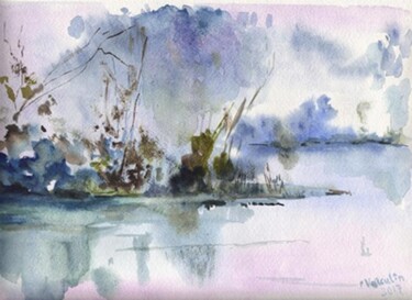 Malerei mit dem Titel "autumn morning on t…" von Oleg Vakulin, Original-Kunstwerk, Aquarell