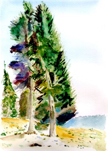 Peinture intitulée "pines" par Oleg Vakulin, Œuvre d'art originale, Aquarelle