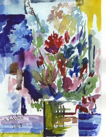 Painting titled "Flower whirlwind" by Oleg Vakulin, Original Artwork, Watercolor