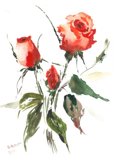 Painting titled "roses in the home g…" by Oleg Vakulin, Original Artwork, Watercolor