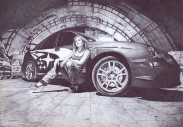 Drawing titled "The girl at the car" by Oleg Kozelskiy, Original Artwork, Other