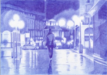 Drawing titled "a night city in the…" by Oleg Kozelskiy, Original Artwork, Ballpoint pen
