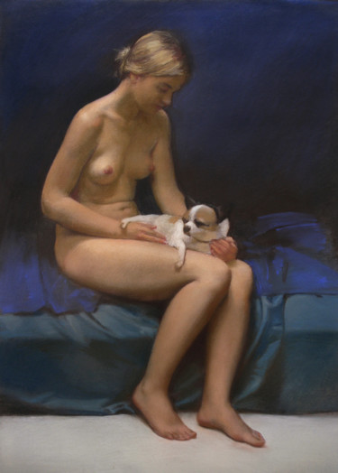 Картина под названием "Girl with a dog" - Oleg Sergeev, Подлинное произведение искусства, Пастель