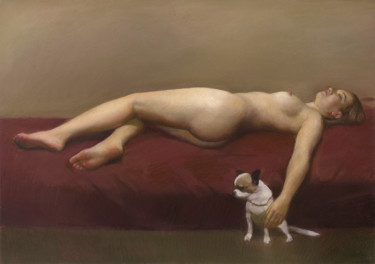 Картина под названием "Nude with a dog" - Oleg Sergeev, Подлинное произведение искусства, Пастель