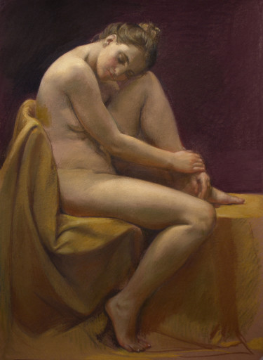 Картина под названием "Nude on yellow" - Oleg Sergeev, Подлинное произведение искусства, Пастель
