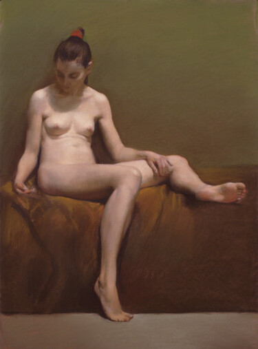 Peinture intitulée "Nude on green" par Oleg Sergeev, Œuvre d'art originale, Pastel