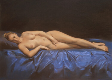 Painting titled "Nude on blue (2)" by Oleg Sergeev, Original Artwork, Pastel