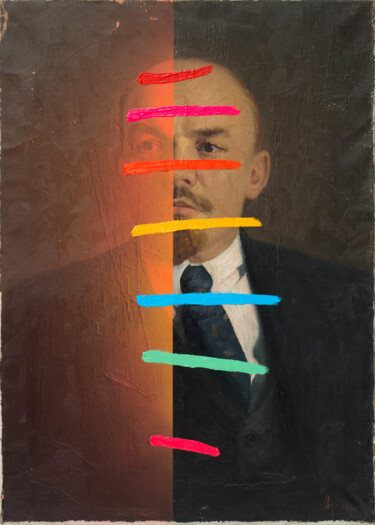 Oleksandr Balbyshev LENIN WITH SEVEN COLORED LINES Painting titled "Oleksandr Balbyshev…" by Oleksandr Balbyshev, Original Artwork, Oil Mounted on Wood Stretcher frame