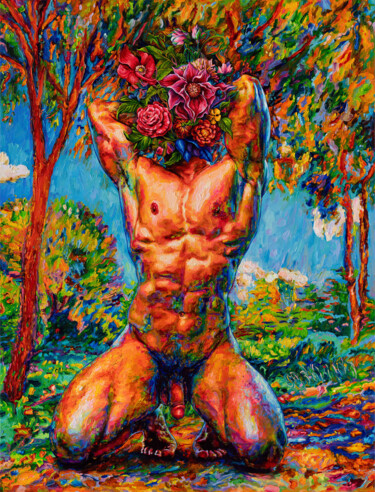 Pintura intitulada "Nude with a Flower…" por Oleksandr Balbyshev, Obras de arte originais, Óleo Montado em Armação em madeira