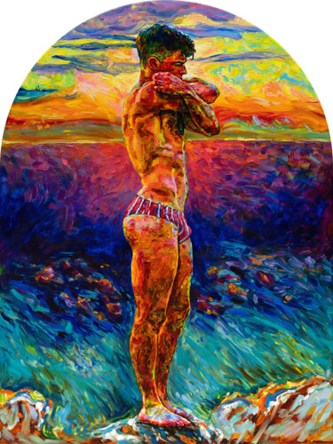 Painting titled "Sea Sunset" by Oleksandr Balbyshev, Original Artwork, Oil Mounted on Wood Stretcher frame
