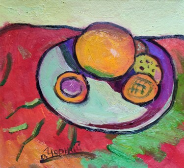Painting titled "Orsnge and cookies" by Oleksandr Chornyi, Original Artwork, Oil