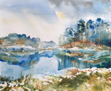 Painting titled "Lake Mystery" by Oleksandr Desiat, Original Artwork, Watercolor