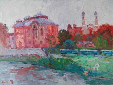 Painting titled "QUAY. Uzhhorod" by Oleksandr Khrapachov, Original Artwork, Oil