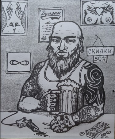 Картина под названием "Old school tattooer" - Oleksandr Koval, Подлинное произведение искусства, Карандаш