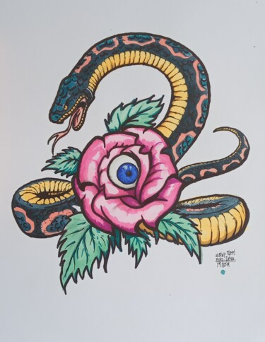 Tekening getiteld "Snake and Rose" door Oleksandr Koval, Origineel Kunstwerk, Marker