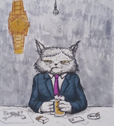 Pintura intitulada "Tired office cat" por Oleksandr Koval, Obras de arte originais, Marcador