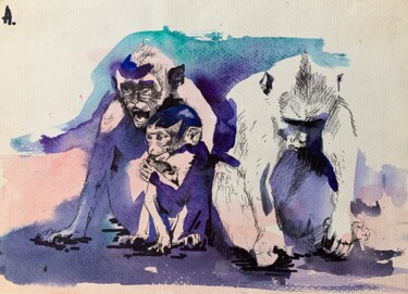 Pittura intitolato "Monkeys" da Oleksandra Bieliaieva, Opera d'arte originale, Acquarello