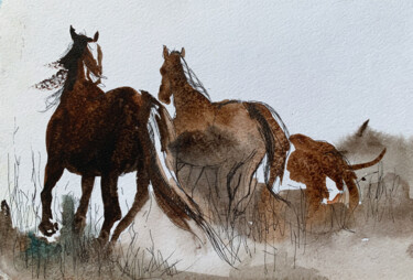 Pittura intitolato "Horses" da Oleksandra Bieliaieva, Opera d'arte originale, Acquarello