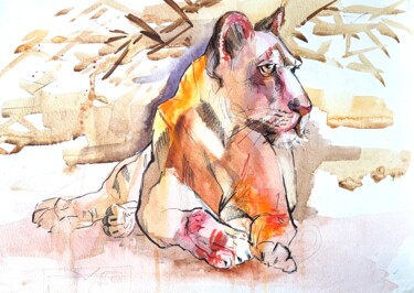 Картина под названием "lioness" - Олександра Бєляєва, Подлинное произведение искусства, Акварель