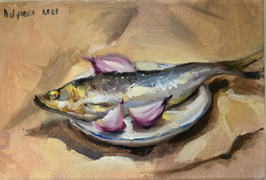 Malerei mit dem Titel "herring with onion" von Oleksandra Bieliaieva, Original-Kunstwerk, Öl