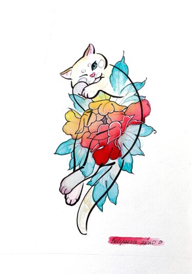 Painting titled "Cat with peony" by Oleksandra Bieliaieva, Original Artwork, Watercolor