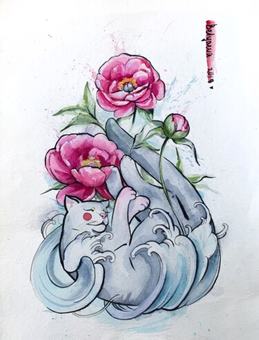 Картина под названием "cat with peonies" - Олександра Бєляєва, Подлинное произведение искусства, Акварель