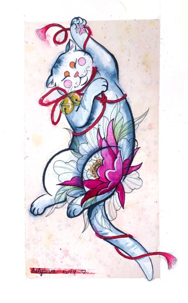 Картина под названием "shibari cat" - Олександра Бєляєва, Подлинное произведение искусства, Акварель