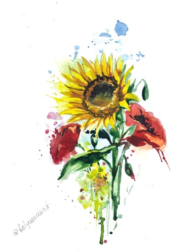 Картина под названием "sunflower with popp…" - Олександра Бєляєва, Подлинное произведение искусства, Акварель