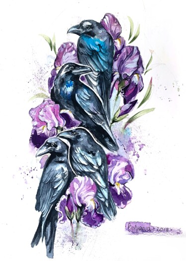 Картина под названием "crows" - Олександра Бєляєва, Подлинное произведение искусства, Акварель