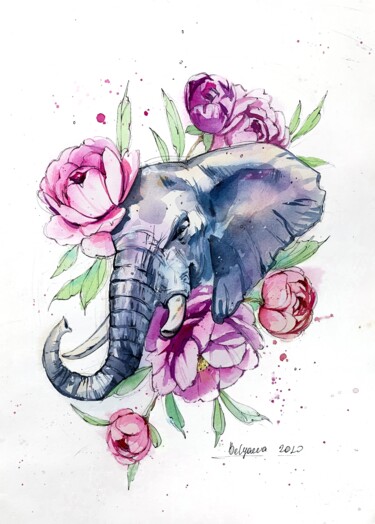 Картина под названием "Elephant" - Олександра Бєляєва, Подлинное произведение искусства, Акварель