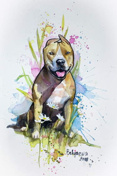 Pintura intitulada "dog in daisies" por Oleksandra Bieliaieva, Obras de arte originais, Aquarela