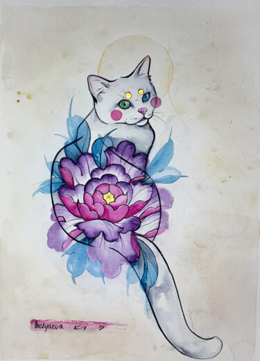 Картина под названием "Cat with peony (wit…" - Олександра Бєляєва, Подлинное произведение искусства, Акварель