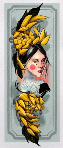 Arte digital titulada "Golden chrysanthemum" por Oleksandra Bieliaieva, Obra de arte original, Pintura Digital